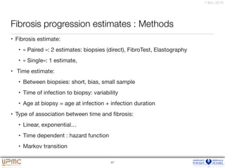 7 févr. 2016
Fibrosis progression estimates : Methods
• Fibrosis estimate:

• « Paired »: 2 estimates: biopsies (direct), FibroTest, Elastography

• « Single»: 1 estimate, 

• Time estimate: 

• Between biopsies: short, bias, small sample

• Time of infection to biopsy: variability

• Age at biopsy = age at infection + infection duration

• Type of association between time and ﬁbrosis:

• Linear, exponential…

• Time dependent : hazard function 

• Markov transition
47
 