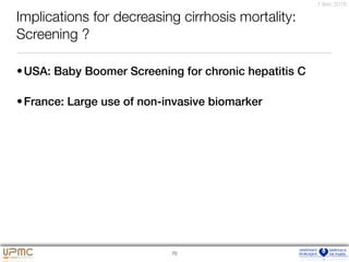 7 févr. 2016
Implications for decreasing cirrhosis mortality:
Screening ?
•USA: Baby Boomer Screening for chronic hepatitis C
•France: Large use of non-invasive biomarker
70
 