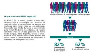 O que torna o ASPRE especial?
O ASPRE foi o maior ensaio prospectivo,
randomizado e controlado por placebo já
realizado sobre o uso profilático da aspirina em
mulheres com maior risco de pré-eclâmpsia.
Financiado pela União Europeia e administrado
pela Fetal Medicine Foundation, já foram
estudadas mais de 30.000 gestações no Reino
Unido, Bélgica, Itália, Espanha, Grécia e Israel.
Nenhum outro estudo clínico sobre aspirina em
baixas doses e pré-eclâmpsia se comparam à
dimensão e à abrangência do ASPRE.
 