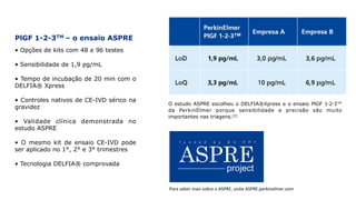PlGF 1-2-3TM – o ensaio ASPRE
• Opções de kits com 48 e 96 testes
• Sensibilidade de 1,9 pg/mL
• Tempo de incubação de 20 min com o
DELFIA® Xpress
• Controles nativos de CE-IVD sérico na
gravidez
• Validade clínica demonstrada no
estudo ASPRE
• O mesmo kit de ensaio CE-IVD pode
ser aplicado no 1°, 2° e 3° trimestres
• Tecnologia DELFIA® comprovada
O estudo ASPRE escolheu o DELFIA®Xpress e o ensaio PlGF 1‑2‑3™
da PerkinElmer porque sensibilidade e precisão são muito
importantes nas triagens.[2]
Para	saber	mais	sobre	o	ASPRE,	visite	ASPRE.perkinelmer.com
 