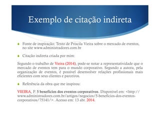 Exemplo de citação indireta
!  Fonte de inspiração: Texto de Priscila Vieira sobre o mercado de eventos,
no site www.administradores.com.br
!  Citação indireta criada por mim:
Segundo o trabalho de Vieira (2014), pode-se notar a representatividade que o
mercado de eventos tem para o mundo corporativo. Segundo a autora, pela
organização de eventos, é possível desenvolver relações profissionais mais
eficientes com seus clientes e parceiros.
!  Referência da obra que me inspirou:
VIEIRA, P. 5 benefícios dos eventos corporativos. Disponível em: <http://
www.administradores.com.br/artigos/negocios/5-beneficios-dos-eventos-
corporativos/75141/>. Acesso em: 13 abr. 2014.
 