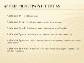 AS SEIS PRINCIPAIS LICENÇAS
• Atribuição By - Créditos ao autor
• Atribuição By-sa - Créditos ao autor e mesmo licenciamento
• Atribuição By-nd - Créditos ao autor e não permite modificações
• Atribuição By-nc - Créditos ao autor e vedado o uso para fins comerciais
• Atribuição By-nc-as - Crédito ao autor, vedado o uso para fins comerciais e mesmo
licenciamento
• Atribuição By-nc-nd - Citação ao autor, não permite modificação e vedado o uso
para fins comerciais
 
