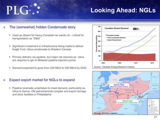 Looking Ahead: NGLs
27
Source: Canadian Energy Research Institute
Source: Sunoco Logistics
» The (somewhat) hidden Condensate story
 Used as diluent for heavy Canadian tar sands oil – critical for
transportation as “Dilbit”
 Significant investment in infrastructure being made to deliver
Eagle Ford, Utica condensate to Western Canada
 Primary delivery via pipeline, but major rail volumes ex. Utica
are required to get to Midwest pipeline injection points
 Demand expected to grow from 200 Mb/d to 500 Mb/d by 2020
» Expect export market for NGLs to expand
 Pipeline reversals undertaken to meet demand, particularly ex.
Utica to Sarnia, ON petrochemical complex and export storage
and dock facilities in Philadelphia
 
