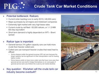 42
Crude Tank Car Market Conditions
» Potential bottleneck: Railcars
 Current order backlog runs to early 2015 (~48,000 cars)
 Major purchases by oil majors and midstream companies
 Extremely tight market with very high lease rates
 Current crude by rail fleet ~30,000 railcars, or 1-1.5 MM
bbl./day equivalent
 Short term demand is highly dependent on WTI – Brent
spread
» Railcar type is important
 General service 31k gallon capacity cars can hold more
crude than heavier coiled cars
 Coiled cars can transport heavier crudes that need heat to
offload
– Some shippers prefer the general purpose (GP) rail cars because the
larger capacity can be significant on their transportation cost for hauling
lighter crudes
– Some lessors prefer to have more coiled cars that have more uses than
general service cars built to hedge themselves on an oversupply of
general service tank cars if/when the crude by rail market declines
» Key question: If/is/when will the crude tank car
industry become overbuilt? 42
 