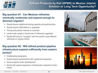 35Experience / Expertise / Excellence www.plgconsulting.com
Refined Products by Rail (RPBR) to Mexico: Interim
Solution or Long Term Opportunity?
Big question #1: Can Mexican refineries
eventually modernize and expand enough to
diminish imports?
▪ Would require additional coking capacity and partnerships
▪ Would require US$ billions in upgrades
▪ Timing and partner interest is uncertain
▪ Local crude supply in doubt even if refineries upgraded
▪ Would still have to “compete” with the world’s most efficient
refineries on nearby USGC
Big question #2: Will refined product pipeline
infrastructure expand sufficiently from eastern
port(s)?
▪ Challenging topography
▪ Would require partnerships with capital and expertise
▪ Some projects under development
▪ Would still require expansion of distribution networks further
inland
 