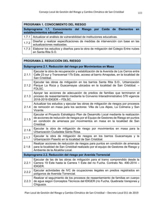 Consejo Local de Gestión del Riesgo y Cambio Climático de San Cristóbal
Plan Local de Gestión del Riesgo y Cambio Climático de San Cristóbal – Decreto Local 011 de 2019
103
PROGRAMA 1. CONOCIMIENTO DEL RIESGO
Subprograma 1.7. Conocimiento del Riesgo por Caída de Elementos en
establecimientos educativos
1.7.1 Actualizar el análisis de vulnerabilidad de instituciones educativas.
1.7.2
Diseñar y realizar especificaciones de medidas de intervención con base en las
actualizaciones realizadas.
1.7.3 Elaborar los estudios y diseños para la obra de mitigación del Colegio Entre nubes
en Santa Rita S.O.
PROGRAMA 2. REDUCCIÓN DEL RIESGO
Subprograma 2.1. Reducción del riesgo por Movimientos en Masa
2.1.1
Ejecutar la obra de recuperación y estabilización de la Avenida de Los Cerros entre
Calle 23 sur y Transversal 17b Este, acceso al barrio Amapolas, en la localidad de
San Cristóbal.
2.1.2
Ejecutar las obras de mitigación en los barrios Santa Rita S.O., Urbanización
Parque La Roca y Guacamayas ubicados en la localidad de San Cristóbal. –
FDLSC.
2.1.3
Apoyar las acciones de adecuación de predios de familias que terminaron el
proceso de reasentamiento mediante la Convenio Interadministrativo 576 vigencia
2018-2019 IDIGER – FDLSC.
2.1.4
Actualizar los estudios y ejecutar las obras de mitigación de riesgos por procesos
de remoción en masa para los sectores: Villa de Los Alpes, La Colmena y San
Vicente.
2.1.5
Ejecutar el Proyecto Estratégico Plan de Desarrollo Local mediante la realización
de acciones de reducción de riesgos por el Equipo de Gestores de Riesgo en puntos
en condición de amenaza por movimientos en masa en la localidad de San
Cristóbal.
2.1.6
Ejecutar la obra de mitigación de riesgo por movimientos en masa para la
Urbanización Ciudadela Santa Rosa.
2.1.7
Ejecutar la obra de mitigación de riesgos en los barrios Guacamayas y la
Urbanización Paseíto en la localidad de San Cristóbal.
2.1.8
Realizar acciones de reducción de riesgos para puntos en condición de amenaza
para la localidad de San Cristóbal realizado por el equipo de Gestores de Riesgo y
Ambiente de la Alcaldía Local.
Subprograma 2.2. Reducción del riesgo por Avenida Torrencial
2.2.1
Ejecutar de las de las obras de mitigación para el tramo comprendido desde la
Carrera 19 Este hasta la Carrera 1 Este del rio Fucha. Contrato No. 490-2014 –
IDIGER.
2.2.2
Ejecutar actividades de IVC de ocupaciones ilegales en predios registrados en
polígonos de Avenida Torrencial.
2.2.3
Realizar el seguimiento de los procesos de reasentamiento de familias en cuerpo
de agua según Conceptos Técnicos del IDIGER (río Fucha, Quebrada Verejones y
Chiguaza.
 