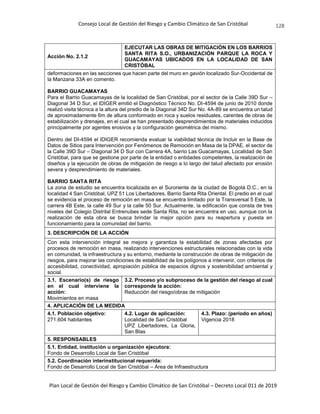 Consejo Local de Gestión del Riesgo y Cambio Climático de San Cristóbal
Plan Local de Gestión del Riesgo y Cambio Climático de San Cristóbal – Decreto Local 011 de 2019
128
Acción No. 2.1.2
EJECUTAR LAS OBRAS DE MITIGACIÓN EN LOS BARRIOS
SANTA RITA S.O., URBANIZACIÓN PARQUE LA ROCA Y
GUACAMAYAS UBICADOS EN LA LOCALIDAD DE SAN
CRISTÓBAL
deformaciones en las secciones que hacen parte del muro en gavión localizado Sur-Occidental de
la Manzana 33A en comento.
BARRIO GUACAMAYAS
Para el Barrio Guacamayas de la localidad de San Cristóbal, por el sector de la Calle 39D Sur –
Diagonal 34 D Sur, el IDIGER emitió el Diagnóstico Técnico No. DI-4594 de junio de 2010 donde
realizó visita técnica a la altura del predio de la Diagonal 34D Sur No. 4A-89 se encuentra un talud
de aproximadamente 6m de altura conformado en roca y suelos residuales, carentes de obras de
estabilización y drenajes, en el cual se han presentado desprendimientos de materiales inducidos
principalmente por agentes erosivos y la configuración geométrica del mismo.
Dentro del DI-4594 el IDIGER recomienda evaluar la viabilidad técnica de Incluir en la Base de
Datos de Sitios para Intervención por Fenómenos de Remoción en Masa de la DPAE, el sector de
la Calle 39D Sur – Diagonal 34 D Sur con Carrera 4A, barrio Las Guacamayas, Localidad de San
Cristóbal, para que se gestione por parte de la entidad o entidades competentes, la realización de
diseños y la ejecución de obras de mitigación de riesgo a lo largo del talud afectado por erosión
severa y desprendimiento de materiales.
BARRIO SANTA RITA
La zona de estudio se encuentra localizada en el Suroriente de la ciudad de Bogotá D.C., en la
localidad 4 San Cristóbal, UPZ 51 Los Libertadores, Barrio Santa Rita Oriental. El predio en el cual
se evidencia el proceso de remoción en masa se encuentra limitado por la Transversal 5 Este, la
carrera 4B Este, la calle 49 Sur y la calle 50 Sur. Actualmente, la edificación que consta de tres
niveles del Colegio Distrital Entrenubes sede Santa Rita, no se encuentra en uso, aunque con la
realización de esta obra se busca brindar la mejor opción para su reapertura y puesta en
funcionamiento para la comunidad del barrio.
3. DESCRIPCIÓN DE LA ACCIÓN
Con esta intervención integral se mejora y garantiza la estabilidad de zonas afectadas por
procesos de remoción en masa, realizando intervenciones estructurales relacionadas con la vida
en comunidad, la infraestructura y su entorno, mediante la construcción de obras de mitigación de
riesgos, para mejorar las condiciones de estabilidad de los polígonos a intervenir, con criterios de
accesibilidad, conectividad, apropiación pública de espacios dignos y sostenibilidad ambiental y
social.
3.1. Escenario(s) de riesgo
en el cual interviene la
acción:
Movimientos en masa
3.2. Proceso y/o subproceso de la gestión del riesgo al cual
corresponde la acción:
Reducción del riesgo/obras de mitigación
4. APLICACIÓN DE LA MEDIDA
4.1. Población objetivo:
271.604 habitantes
4.2. Lugar de aplicación:
Localidad de San Cristóbal
UPZ Libertadores, La Gloria,
San Blas
4.3. Plazo: (periodo en años)
Vigencia 2018
5. RESPONSABLES
5.1. Entidad, institución u organización ejecutora:
Fondo de Desarrollo Local de San Cristóbal
5.2. Coordinación interinstitucional requerida:
Fondo de Desarrollo Local de San Cristóbal – Área de Infraestructura
 