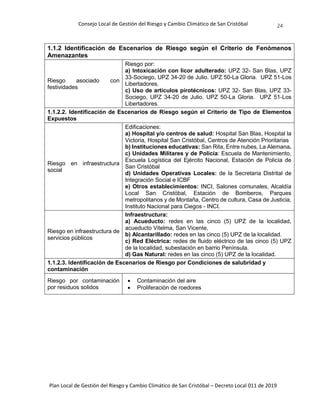 Consejo Local de Gestión del Riesgo y Cambio Climático de San Cristóbal
Plan Local de Gestión del Riesgo y Cambio Climático de San Cristóbal – Decreto Local 011 de 2019
24
1.1.2 Identificación de Escenarios de Riesgo según el Criterio de Fenómenos
Amenazantes
Riesgo asociado con
festividades
Riesgo por:
a) Intoxicación con licor adulterado: UPZ 32- San Blas, UPZ
33-Sociego, UPZ 34-20 de Julio. UPZ 50-La Gloria. UPZ 51-Los
Libertadores.
c) Uso de artículos pirotécnicos: UPZ 32- San Blas, UPZ 33-
Sociego, UPZ 34-20 de Julio. UPZ 50-La Gloria. UPZ 51-Los
Libertadores.
1.1.2.2. Identificación de Escenarios de Riesgo según el Criterio de Tipo de Elementos
Expuestos
Riesgo en infraestructura
social
Edificaciones:
a) Hospital y/o centros de salud: Hospital San Blas, Hospital la
Victoria, Hospital San Cristóbal, Centros de Atención Prioritarias
b) Instituciones educativas: San Rita, Entre nubes, La Alemana.
c) Unidades Militares y de Policía: Escuela de Mantenimiento,
Escuela Logística del Ejército Nacional, Estación de Policía de
San Cristóbal
d) Unidades Operativas Locales: de la Secretaria Distrital de
Integración Social e ICBF
e) Otros establecimientos: INCI, Salones comunales, Alcaldía
Local San Cristóbal, Estación de Bomberos, Parques
metropolitanos y de Montaña, Centro de cultura, Casa de Justicia,
Instituto Nacional para Ciegos - INCI.
Riesgo en infraestructura de
servicios públicos
Infraestructura:
a) Acueducto: redes en las cinco (5) UPZ de la localidad,
acueducto Vitelma, San Vicente,
b) Alcantarillado: redes en las cinco (5) UPZ de la localidad.
c) Red Eléctrica: redes de fluido eléctrico de las cinco (5) UPZ
de la localidad, subestación en barrio Península.
d) Gas Natural: redes en las cinco (5) UPZ de la localidad.
1.1.2.3. Identificación de Escenarios de Riesgo por Condiciones de salubridad y
contaminación
Riesgo por contaminación
por residuos solidos
 Contaminación del aire
 Proliferación de roedores
 
