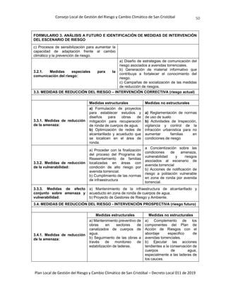 Consejo Local de Gestión del Riesgo y Cambio Climático de San Cristóbal
Plan Local de Gestión del Riesgo y Cambio Climático de San Cristóbal – Decreto Local 011 de 2019
50
FORMULARIO 3. ANÁLISIS A FUTURO E IDENTIFICACIÓN DE MEDIDAS DE INTERVENCIÓN
DEL ESCENARIO DE RIESGO
c) Procesos de sensibilización para aumentar la
capacidad de adaptación frente al cambio
climático y la prevención de riesgo.
3.2.1. Medidas especiales para la
comunicación del riesgo:
a) Diseño de estrategias de comunicación del
riesgo asociados a avenidas torrenciales.
b) Generación de material informativo que
contribuya a fortalecer el conocimiento del
riesgo.
c) Campañas de socialización de las medidas
de reducción de riesgos.
3.3. MEDIDAS DE REDUCCIÓN DEL RIESGO – INTERVENCIÓN CORRECTIVA (riesgo actual)
3.3.1. Medidas de reducción
de la amenaza:
Medidas estructurales Medidas no estructurales
a) Formulación de proyectos
para establecer estudios y
diseños para obras de
mitigación para recuperación
de ronda de cuerpos de agua.
b) Optimización de redes de
alcantarillado y acueducto que
se localicen en el área de
ronda.
a) Reglamentación de normas
de uso de suelo
b) Actividades de Inspección,
vigilancia y control de la
infracción urbanística para no
aumentar familias en
condiciones de riesgo
3.3.2. Medidas de reducción
de la vulnerabilidad:
a) Proceder con la finalización
del proceso del Programa de
Reasentamiento de familias
localizadas en áreas con
condición de alto riesgo por
avenida torrencial.
b) Cumplimiento de las normas
de infraestructura
a Concientización sobre las
condiciones de amenaza,
vulnerabilidad y riesgos
asociados al escenario de
avenida torrencial
b) Acciones de notificación de
riesgo a población vulnerable
en zona de ronda por avenida
torrencial.
3.3.3. Medidas de efecto
conjunto sobre amenaza y
vulnerabilidad:
a) Mantenimiento de la infraestructura de alcantarillado y
acueducto en zona de ronda de cuerpos de agua.
b) Proyecto de Gestores de Riesgo y Ambiente.
3.4. MEDIDAS DE REDUCCIÓN DEL RIESGO - INTERVENCIÓN PROSPECTIVA (riesgo futuro)
3.4.1. Medidas de reducción
de la amenaza:
Medidas estructurales Medidas no estructurales
a) Mantenimiento preventivo de
obras en sectores de
canalizados de cuerpos de
agua.
b) Seguimiento de las obras a
través de monitoreo de
estabilización de laderas.
a) Complemento de los
componentes del Plan de
Acción de Riesgos con el
abordaje especifico de
avenidas torrenciales.
b) Ejecutar las acciones
tendientes a la conservación de
cuerpos de agua,
especialmente a las laderas de
los cauces.
 