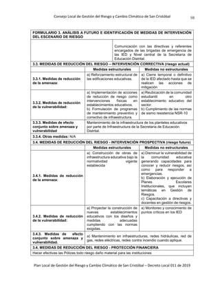 Consejo Local de Gestión del Riesgo y Cambio Climático de San Cristóbal
Plan Local de Gestión del Riesgo y Cambio Climático de San Cristóbal – Decreto Local 011 de 2019
98
FORMULARIO 3. ANÁLISIS A FUTURO E IDENTIFICACIÓN DE MEDIDAS DE INTERVENCIÓN
DEL ESCENARIO DE RIESGO
Comunicación con las directivas y referentes
encargados de las brigadas de emergencia de
las IED y Nivel central de la Secretaría de
Educación Distrital.
3.3. MEDIDAS DE REDUCCIÓN DEL RIESGO – INTERVENCIÓN CORRECTIVA (riesgo actual)
Medidas estructurales Medidas no estructurales
3.3.1. Medidas de reducción
de la amenaza:
a) Reforzamiento estructural de
las edificaciones educativas.
a) Cierre temporal o definitivo
de la IED afectado hasta que se
realicen las acciones de
mitigación
3.3.2. Medidas de reducción
de la vulnerabilidad:
a) Implementación de acciones
de reducción de riesgo como
intervenciones físicas en
establecimientos educativos.
b) Formulación de programas
de mantenimiento preventivo y
correctivo de infraestructura.
a) Reubicación de la comunidad
estudiantil en otro
establecimiento educativo del
sector.
b) Cumplimiento de las normas
de sismo resistencia NSR-10
3.3.3. Medidas de efecto
conjunto sobre amenaza y
vulnerabilidad
Mantenimiento de la infraestructura de los planteles educativos
por parte de Infraestructura de la Secretaria de Educación
Distrital.
3.3.4. Otras medidas: N/A
3.4. MEDIDAS DE REDUCCIÓN DEL RIESGO - INTERVENCIÓN PROSPECTIVA (riesgo futuro)
Medidas estructurales Medidas no estructurales
3.4.1. Medidas de reducción
de la amenaza:
a) Construcción de obras de
infraestructura educativa bajo la
normatividad vigente
establecida
a) Disminuir la vulnerabilidad de
la comunidad educativa
generando capacidades para
conocer y reducir riesgos, así
como para responder a
emergencias.
b) Elaboración y ejecución de
Planes Escolares
Institucionales, que incluyan
temáticas en Gestión de
Riesgos.
c) Capacitación a directivas y
docentes en gestión de riesgos.
3.4.2. Medidas de reducción
de la vulnerabilidad:
a) Proyectar la construcción de
nuevas establecimientos
educativos con los diseños y
medidas adecuadas
cumpliendo con las normas
exigidas.
a) Monitoreo y conocimiento de
puntos críticos en los IED
3.4.3. Medidas de efecto
conjunto sobre amenaza y
vulnerabilidad.
a) Mantenimiento en infraestructuras, redes hidráulicas, red de
gas, redes eléctricas, redes contra incendio cuando aplique.
3.4. MEDIDAS DE REDUCCIÓN DEL RIESGO - PROTECCIÓN FINANCIERA
Hacer efectivas las Pólizas todo riesgo daño material para las instituciones
 