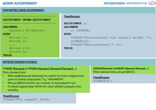 ΨΕΥΔΟΓΛΩΣΣΑΔΟΜΗ ΑΛΓΟΡΙΘΜΟΥ
ΤΥΠΩΣΕ (Όρισμα) ή ΤΥΠΩΣΕ (Ορισμα1,Όρισμα2,Όρισμα3,…)
Όπου όρισμα είναι:
• Μία συμβολοσειρά (προσοχή ότι πρέπει να είναι υποχρεωτικά
μέσα σε διπλά εισαγωγικά). Π.χ. “ΚΑΛΗΜΕΡΑ”.
• Μία μεταβλητή (οπότε και τυπώνει το περιεχόμενό της)
• Ο ειδικός χαρακτήρας EOLN που κάνει αλλαγή γραμμής στην
κονσόλα.
Παράδειγμα:
ΤΥΠΩΣΕ("Μία γραµµή", EOLN);
Παράδειγμα:
ΑΛΓΟΡΙΘΜΟΣ io
∆Ε∆ΟΜΕΝΑ
x: INTEGER;
ΑΡΧΗ
ΤΥΠΩΣΕ("Πληκτρολόγησε έναν ακέραιο αριθµό: ");
∆ΙΑΒΑΣΕ(x);
ΤΥΠΩΣΕ("Πληκτρολόγησες ", x);
ΤΕΛΟΣ
------------------------------
ΑΛΓΟΡΙΘΜΟΣ ΟΝΟΜΑ-ΑΛΓΟΡΙΘΜΟΥ
------------------------------
∆Ε∆ΟΜΕΝΑ
(∆ηλώσεις Μεταβλητών)
ΑΡΧΗ
(Εντολη 1);
(Εντολή 2);
....
(Εντολή n-1);
(Εντολή n);
ΤΕΛΟΣ
ΕΝΤΟΛΕΣ ΕΙΣΟΔΟΥ-ΕΞΟΔΟΥ:
ΔΙΑΒΑΣΕ(Όρισμα) ή ΔΙΑΒΑΣΕ (Ορισμα1,Όρισμα2,…)
Όπου όρισμα είναι μία μεταβλητή
Παράδειγμα:
∆ΙΑΒΑΣΕ(x);
ΣΥΝΤΑΚΤΙΚΟ ΕΝΟΣ ΑΛΓΟΡΙΘΜΟΥ:
 
