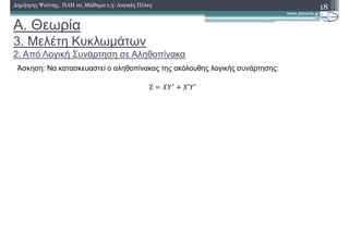 18∆ηµήτρης Ψούνης, ΠΛΗ 10, Μάθηµα 1.3: Λογικές Πύλες
Άσκηση: Να κατασκευαστεί ο αληθοπίνακας της ακόλουθης λογικής συνάρτησης:
	
Z ′ ′
Α. Θεωρία
3. Μελέτη Κυκλωµάτων
2. Από Λογική Συνάρτηση σε Αληθοπίνακα
 