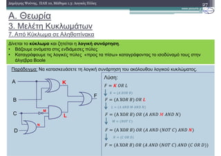 Παράδειγµα: Να κατασκευάσετε τη λογική συνάρτηση του ακόλουθου λογικού κυκλώµατος.
Α. Θεωρία
3. Μελέτη Κυκλωµάτων
7. Από Κύκλωµα σε Αληθοπίνακα
27∆ηµήτρης Ψούνης, ΠΛΗ 10, Μάθηµα 1.3: Λογικές Πύλες
∆ίνεται το κύκλωµα και ζητείται η λογική συνάρτηση.
• Βάζουµε ονόµατα στις ενδιάµεσες πύλες
• Καταγράφουµε τις λογικές πύλες «προς τα πίσω» καταγράφοντας το ισοδύναµό τους στην
άλγεβρα Boole
A
Β
C
F
K
L
Λύση:
D
M
N
2 ;	'(	/
2 Α	ΧΟ(	$ 	'(	=
2 Α	ΧΟ(	$ 	'(	 )	)*#	.	)*#	*
2 Α	ΧΟ(	$ 	'(	 )	)*#	 *'+	7 	)*#	>
2 Α	ΧΟ(	$ 	'(	 )	)*#	 *'+	7 	)*#	 7	'(	#
0 )	 '(	$
/ )	)*#	.	)*#	* 	
. *'+	7 	
* 7	'(	# 	
 
