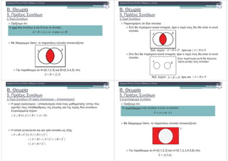 !2 " $:
*. ,"& !
5. )"$ &
2. &
) ! ,
" #$ / Venn, & % "$ !2" $:
) ! ,
}|{ BxAxxBA ∈∈=∩ και
A B
+$ #"$/ ={0,1,2,3} $ *={2,3,4,5} "
}3,2{=∩ BA
*. ,"& !
5. )"$ &
2. &
% " $ # % :
! " " $(' $ % $'"! , #" "! $ "! " " $(' $ % $'"! , #" "! $ "
% .
# . $%' "$: $
! " #" " $(' $ % $'"! , "! $ "
∅≠∩ BA 0|| ≠∩ BA
A B
! " #" " $(' $ % $'"! , "! $ "
%
# . $%' "$: $∅=∩ BA 0|| =∩ BA
A
B
" ! &% (/ $:
«)( " ) % »
*. ,"& !
5. )"$ &
2. & ( ' "/ "$% – "$% )
' "/ "$% – "$% "! $ ( $
%'" !2"$ $ ( &% $ # % & .%'" !2"$ $ ( &% $ # % & .
/ " $ ( $%' "$:
! /" $ " " $ $ /$ ! % & ") :
|||||||| BABABA ∩−+=∪
|||||||| CBACBA ++=∪∪
||
||||||
||||||||
CBA
CBCABA
CBACBA
∩∩+
∩−∩−∩−
++=∪∪
*. ,"& !
5. )"$ &
3. &
!2 " $:
! - ! . ,
" #$ / Venn, & % "$ !2" $:
! - ! . ,
}|{ AxxA ∉=
A
U
+$ #"$/ ={0,1,2,3} $ U={0,1,2,3,4,5,6} "
}6,5,4{=A
 