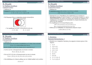 !2 " $:
*. ,"& !
5. )"$ &
4. $ . &
) / -% ,
" #$ / Venn, & % "$ !2" $:
) / -% ,
}|{ BxAxxBABA ∉∈==− και
A B
+$ #"$/ ={0,1,2,3} $ *={2,3,4,5} "
}1,0{=− BA {4,5}B A− =
*. ,"& !
5. )"$ &
5. 4 "%$ +$ "
!2 " $:
!
- ! ,
% ' $ " $ " (%"$ % % % (x,y) " "
#$ " / ( 2" / " - % $'"! x $ #" " % $'"! y,
%"$ "$ $% & " - 2" / ('"$ % %! (%" ! "% "
% 1 $% " / $% "$ !2"$ $ %"$ "$ $% &
" - #" ('"$ % %! )
- ! ,
}|),{( ByAxyxAxB ∈∈= και
" - #" ('"$ % %! )
+$ #"$/ ={1,2} $ *={a,b,c} ":
$#$ /$ $ "%$ /$ ( $%' "$:
)}2,(),1,(),2,(),1,(),2,(),1,{(
)},2(),,2(),,2(),,1(),,1(),,1{(
ccbbaaBxA
cbacbaAxB
=
=
||*|||||| BABxAAxB ==
*. ,"& !
5. )"$ &
6. %
!2 " $:
"
! . !" # ! 0 1 2$ $ ,
={1,2} " # % "! $ % :
- ={1,2,3} " # % "! $ % :
! . !" # ! 0 1 2$ $ ,
+ - *
}|{)( Α= τουνολουποσναιεxxAP
}}2,1{},2{},1{,{)( ∅=AP
- ={1,2,3} " # % "! $ % :
, #"!) " %" " " /$ $ $ " % :
}}3,2,1{},3,2{},3,1{},2,1{},3{},2{},1{,{)( ∅=AP
||
2|)(| Α
=AP
+. % %"$
6% % 4 % 1
)" % " $ & %"$ . % $%' #"
$%' :
∅∉∅
⊂∅
⊂
⊆
∈
Ν∈
.6
}2,1{.5
}2,1{}2,1{.4
}2,1{}2,1{.3
}2,1{}2,1{.2
5.1
RQZN
RQZN
⊆⊆⊆
⊂⊂⊂
∅∉∅
∅∉∅
.9
.8
}{.7
.6
 