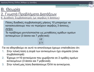 Β. Θεωρία
2. Γνωστά Προβλήµατα ∆ιατάξεων
6. ∆υαδικές Συµβολοσειρές (µε ακριβώς k άσσους)
17∆ηµήτρης Ψούνης, ΠΛΗ20, Μάθηµα 1.3: ∆ιατάξεις
Πόσες δυαδικές συµβολοσειρές µήκους 10 µπορούµε να
κατασκευάσουµε που να περιέχουν ακριβώς 3 άσσους;
ΛΥΣΗ:
Το πρόβληµα µοντελοποιείται ως µεταθέσεις οµάδων οµοίων
αντικειµένων (3 άσσοι και 7 µηδενικά):αντικειµένων (3 άσσοι και 7 µηδενικά):
!7!3
!10
⋅
Για να οδηγηθούµε σε αυτό το αποτέλεσµα έχουµε επαληθεύσει ότι:
1. Στην τελική λύση η σειρά των αντικειµένων έχει σηµασία (είναι
συµβολοσειρά)
2. Έχουµε n=10 αντικείµενα που χωρίζονται σε 2 οµάδες οµοίων
αντικειµένων (3 άσσοι και 7 µηδενικά).
3. Στην τελική µας λύση διατάσσουµε ΌΛΑ τα αντικείµενα.
 