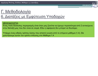 Γ. Μεθοδολογία
6. ∆ιατάξεις µε Εµφύτευση Υποδοχών
23∆ηµήτρης Ψούνης, ΠΛΗ20, Μάθηµα 1.3: ∆ιατάξεις
ΜΕΘΟ∆ΟΛΟΓΙΑ:
Ένας πολύ δύσκολος περιορισµός είναι όταν µας ζητείται να έχουµε περισσότερα από 2 αντικείµενα
στην διάταξή µας που δεν είναι σε σειρά. Εδώ η αφαίρεση δεν µπορεί να δουλέψει.
Υπάρχει ένας ειδικός τρόπος λύσης που απαιτεί γνώση από το επόµενο µάθηµα (1.4). Θα
µελετήσουµε αυτόν τον τρόπο επίλυσης στο Μάθηµα 1.4
 