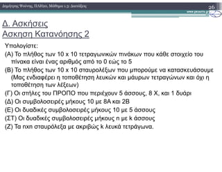 ∆. Ασκήσεις
Ασκηση Κατανόησης 2
Υπολογίστε:
(Α) Το πλήθος των 10 x 10 τετραγωνικών πινάκων που κάθε στοιχείο του
πίνακα είναι ένας αριθµός από το 0 εώς το 5
(Β) Το πλήθος των 10 x 10 σταυρολέξων που µπορούµε να κατασκευάσουµε
(Μας ενδιαφέρει η τοποθέτηση λευκών και µάυρων τετραγώνων και όχι η
τοποθέτηση των λέξεων)
26∆ηµήτρης Ψούνης, ΠΛΗ20, Μάθηµα 1.3: ∆ιατάξεις
τοποθέτηση των λέξεων)
(Γ) Οι στήλες του ΠΡΟΠΟ που περιέχουν 5 άσσους, 8 Χ, και 1 δυάρι
(∆) Οι συµβολοσειρές µήκους 10 µε 8Α και 2Β
(Ε) Οι δυαδικές συµβολοσειρές µήκους 10 µε 5 άσσους
(ΣΤ) Οι δυαδικές συµβολοσειρές µήκους n µε k άσσους
(Z) Τα nxn σταυρόλεξα µε ακριβώς k λευκά τετράγωνα.
 