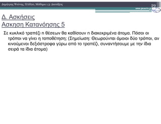 ∆. Ασκήσεις
Ασκηση Κατανόησης 5
Σε κυκλικό τραπέζι n θέσεων θα καθίσουν n διακεκριµένα άτοµα. Πόσοι οι
τρόποι να γίνει η τοποθέτηση; (Σηµείωση: Θεωρούνται όµοιοι δύο τρόποι, αν
κινούµενοι δεξιόστροφα γύρω από το τραπέζι, συναντήσουµε µε την ίδια
σειρά τα ίδια άτοµα)
29∆ηµήτρης Ψούνης, ΠΛΗ20, Μάθηµα 1.3: ∆ιατάξεις
 
