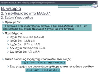 Β. Θεωρία
2. Υπενθυµίσεις από ΜΑΘ0.1
2. Σχέση Υποσυνόλου
Ορίζουµε ότι:
Παραδείγµατα:
Ισχύει ότι:
Ισχύει ότι:
Ισχύει ότι:
∆εν ισχύει ότι:
∆εν ισχύει ότι:
Τυπικά ο ορισµός της σχέσης υποσυνόλου είναι ο εξής:
Ενω µε χρήση του υποσυνόλου ορίζουµε τυπικά την ισότητα συνόλων:
6∆ηµήτρης Ψούνης, ΠΛΗ20, Μάθηµα 3.3: Η γλώσσα της θεωρίας συνόλων
Το σύνολο Α είναι υποσύνολο του συνόλου Β (και συµβολίζουµε ) αν
κάθε στοιχείο που ανήκει στο σύνολο Α ανήκει και στο συνολο Β
BA ⊆
},,,{},,{ dcbacba ⊆
N⊆}3,5,1{
}3,2,1{}3,2,1{ ⊆
}3,2,1{}4,3,2,1{ ⊆
}3,1{}2,1{ ⊆
BxύAxBA ∈∈∀⊆ καιειισχανν
ABBABA ⊆⊆= καιανν
 