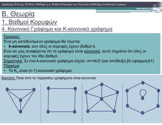 B. Θεωρία
1. Βαθµοί Κορυφών
4. Κανονικό Γράφηµα και Κ-κανονικό γράφηµα
11∆ηµήτρης Ψούνης, ΠΛΗ20, Μάθηµα 4.2: Βαθµοί Κορυφών και Τεχνικές Απόδειξης στη Θεωρία Γράφων
Ορισµός:
Ένα µη κατεθυνόµενο γράφηµα θα λέγεται:
• k-κανονικό, ανν όλες οι κορυφές έχουν βαθµό k.
Ενώ αν µας αναφέρεται ότι το γράφηµα είναι κανονικό, αυτό σηµαίνει ότι όλες οι
κορυφές έχουν τον ίδιο βαθµό.
Σηµαντικό: Σε ένα k-κανονικό γράφηµα ισχύει: m=nk/2 (για απόδειξη βλ.εφαρµογή1)
Άσκηση: Ποια από τα παρακάτω γραφήµατα είναι κανονικά:
Σηµαντικό: Σε ένα k-κανονικό γράφηµα ισχύει: m=nk/2 (για απόδειξη βλ.εφαρµογή1)
Πόρισµα
• Το Kn είναι (n-1)-κανονικό γράφηµα.
 