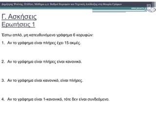 Γ. Ασκήσεις
Ερωτήσεις 1
23∆ηµήτρης Ψούνης, ΠΛΗ20, Μάθηµα 4.2: Βαθµοί Κορυφών και Τεχνικές Απόδειξης στη Θεωρία Γράφων
Έστω απλό, µη κατευθυνόµενο γράφηµα 6 κορυφών:
1. Αν το γράφηµα είναι πλήρες έχει 15 ακµές.
2. Αν το γράφηµα είναι πλήρες είναι κανονικό.2. Αν το γράφηµα είναι πλήρες είναι κανονικό.
3. Αν το γράφηµα είναι κανονικό, είναι πλήρες.
4. Αν το γράφηµα είναι 1-κανονικό, τότε δεν είναι συνδεόµενο.
 