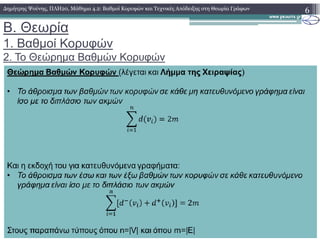 B. Θεωρία
1. Βαθµοί Κορυφών
2. Το Θεώρηµα Βαθµών Κορυφών
6∆ηµήτρης Ψούνης, ΠΛΗ20, Μάθηµα 4.2: Βαθµοί Κορυφών και Τεχνικές Απόδειξης στη Θεωρία Γράφων
 