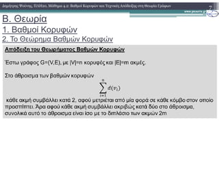 B. Θεωρία
1. Βαθµοί Κορυφών
2. Το Θεώρηµα Βαθµών Κορυφών
7∆ηµήτρης Ψούνης, ΠΛΗ20, Μάθηµα 4.2: Βαθµοί Κορυφών και Τεχνικές Απόδειξης στη Θεωρία Γράφων
 