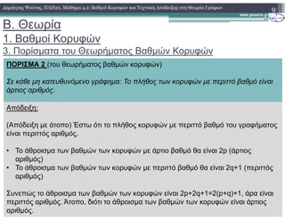 B. Θεωρία
1. Βαθµοί Κορυφών
3. Πορίσµατα του Θεωρήµατος Βαθµών Κορυφών
9∆ηµήτρης Ψούνης, ΠΛΗ20, Μάθηµα 4.2: Βαθµοί Κορυφών και Τεχνικές Απόδειξης στη Θεωρία Γράφων
ΠΟΡΙΣΜΑ 2 (του θεωρήµατος βαθµών κορυφών)
Σε κάθε µη κατευθυνόµενο γράφηµα: Το πλήθος των κορυφών µε περιττό βαθµό είναι
άρτιος αριθµός.
Απόδειξη:Απόδειξη:
(Απόδειξη µε άτοπο) Έστω ότι το πλήθος κορυφών µε περιττό βαθµό του γραφήµατος
είναι περιττός αριθµός.
• Το άθροισµα των βαθµών των κορυφών µε άρτιο βαθµό θα είναι 2p (άρτιος
αριθµός)
• Το άθροισµα των βαθµών των κορυφών µε περιττό βαθµό θα είναι 2q+1 (περιττός
αριθµός)
Συνεπώς το άθροισµα των βαθµών των κορυφών είναι 2p+2q+1=2(p+q)+1, άρα είναι
περιττός αριθµός. Άτοπο, διότι το άθροισµα των βαθµών των κορυφών είναι άρτιος
αριθµός.
 