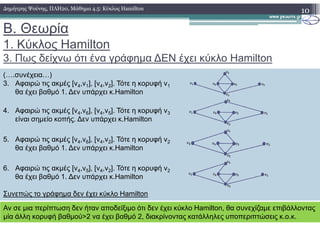 B. Θεωρία
1. Κύκλος Hamilton
3. Πως δείχνω ότι ένα γράφηµα ∆ΕΝ έχει κύκλο Hamilton
10∆ηµήτρης Ψούνης, ΠΛΗ20, Μάθηµα 4.5: Κύκλος Hamilton
(….συνέχεια…)
3. Αφαιρώ τις ακµές [v4,v1], [v4,v2]. Τότε η κορυφή v1
θα έχει βαθµό 1. ∆εν υπάρχει κ.Hamilton
4. Αφαιρώ τις ακµές [v4,v6], [v4,v5]. Τότε η κορυφή v3
είναι σηµείο κοπής. ∆εν υπάρχει κ.Hamilton
5. Αφαιρώ τις ακµές [v4,v6], [v4,v2]. Τότε η κορυφή v2
θα έχει βαθµό 1. ∆εν υπάρχει κ.Hamilton
6. Αφαιρώ τις ακµές [v4,v5], [v4,v2]. Τότε η κορυφή v2
θα έχει βαθµό 1. ∆εν υπάρχει κ.Hamilton
Συνεπώς το γράφηµα δεν έχει κύκλο Hamilton
Αν σε µια περίπτωση δεν ήταν αποδείξιµο ότι δεν έχει κύκλο Hamilton, θα συνεχίζαµε επιβάλλοντας
µία άλλη κορυφή βαθµού>2 να έχει βαθµό 2, διακρίνοντας κατάλληλες υποπεριπτώσεις κ.ο.κ.
 