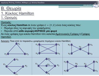 B. Θεωρία
1. Κύκλος Hamilton
1. Ορισµός
4∆ηµήτρης Ψούνης, ΠΛΗ20, Μάθηµα 4.5: Κύκλος Hamilton
Άσκηση: Ποια από τα παρακάτω γραφήµατα περιέχουν κύκλο Hamilton;
 