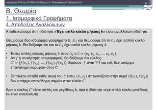 B. Θεωρία
1. Ισοµορφικά Γραφήµατα
4. Αποδείξεις Αναλλοίωτων
11∆ηµήτρης Ψούνης, ΠΛΗ20, Μάθηµα 5.2: Ισοµορφισµοί Γραφηµάτων
Αποδεικνύουµε ότι η ιδιότητα «Έχει απλό κύκλο µήκους k» είναι αναλλοίωτη ιδιότητα
Θεωρούµε δύο ισόµορφα γραφήµατα G , G και θεωρούµε ότι το G έχει ααπλό κύκλο
µήκους k. Θα δείξουµε ότι και το G έχει απλό κύκλο µήκους !.
• Έστω απλός κύκλος µήκους ! στον G o C , , , … , (, )
• Aν η συνάρτηση ισοµορφιµού, θα δείξουµε ότι κύκλος
C.
, , … , ( , . Εφόσον είναι 1-1 και επί, δεν υπάρχει
επανάληψη κορυφών στον C′
• Επιπλέον επειδή κάθε ακµή του 0 έστω , απεικονίζεται στην ακµή f ,
δεν υπάρχει επανάληψη ακµών στον κύκλο 0′
Άρα ο κύκλος 0′ είναι απλός και µεγέθους k, άρα η ιδιότητα «έχει απλό κύκλο µεγέθους
k» είναι αναλλοίωτη.
 