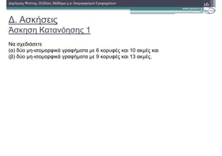 ∆. Ασκήσεις
Άσκηση Κατανόησης 1
16∆ηµήτρης Ψούνης, ΠΛΗ20, Μάθηµα 5.2: Ισοµορφισµοί Γραφηµάτων
Να σχεδιάσετε
(α) δύο µη-ισοµορφικά γραφήµατα µε 6 κορυφές και 10 ακµές και
(β) δύο µη-ισοµορφικά γραφήµατα µε 9 κορυφές και 13 ακµές.
 
