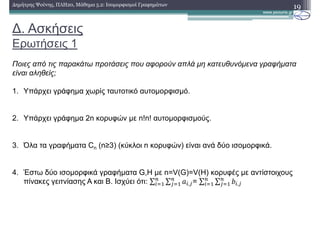 ∆. Ασκήσεις
Ερωτήσεις 1
19∆ηµήτρης Ψούνης, ΠΛΗ20, Μάθηµα 5.2: Ισοµορφισµοί Γραφηµάτων
Ποιες από τις παρακάτω προτάσεις που αφορούν απλά µη κατευθυνόµενα γραφήµατα
είναι αληθείς;
1. Υπάρχει γράφηµα χωρίς ταυτοτικό αυτοµορφισµό.
2. Υπάρχει γράφηµα 2n κορυφών µε n!n! αυτοµορφισµούς.
3. Όλα τα γραφήµατα Cn (n≥3) (κύκλοι n κορυφών) είναι ανά δύο ισοµορφικά.
4. Έστω δύο ισοµορφικά γραφήµατα G,H µε n=V(G)=V(H) κορυφές µε αντίστοιχους
πίνακες γειτνίασης Α και Β. Ισχύει ότι: ∑ ∑ 5 ,
6
7
6
7 = ∑ ∑ 8 ,
6
7
6
7
 