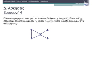 ∆. Ασκήσεις
Εφαρµογή 4
24∆ηµήτρης Ψούνης, ΠΛΗ20, Μάθηµα 5.2: Ισοµορφισµοί Γραφηµάτων
Πόσα υπογραφήµατα ισόµορφα µε το ακόλουθο έχει το γράφηµα K5; Πόσα το K100;
(Θεωρούµε ότι κάθε κορυφή του Κ5 και του Κ100 έχει ετικέτα (δηλαδή οι κορυφές είναι
διακεκριµένες)
 