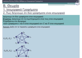 Άσκηση: ∆είξτε ότι τα παρακάτω γραφήµατα είναι ισοµορφικά:
B. Θεωρία
1. Ισοµορφικά Γραφήµατα
2. Πως δείχνουµε ότι δύο γραφήµατα είναι ισοµορφικά
7∆ηµήτρης Ψούνης, ΠΛΗ20, Μάθηµα 5.2: Ισοµορφισµοί Γραφηµάτων
∆είχνουµε ότι δύο γραφήµατα είναι ισοµορφικά:
Β’τρόπος: ∆είχνουµε ότι τα συµπληρώµατα είναι τους είναι ισοµορφικά
Στηριζόµενοι στο θεώρηµα:
«∆ύο γραφήµατα και H	είναι ισοµορφικά ανν ̅ και 	είναι ισοµορφικά
,
,
 