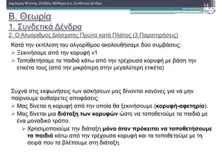 Β. Θεωρία
1. Συνδετικά ∆ένδρα
2. Ο Αλγόριθµος ∆ιάσχισης Πρώτα κατά Πλάτος (3.Παρατηρήσεις)
14∆ηµήτρης Ψούνης, ΠΛΗ20, Μάθηµα 6.2: Συνδετικά ∆ένδρα
Κατά την εκτέλεση του αλγορίθµου ακολουθήσαµε δύο συµβάσεις:
Ξεκινήσαµε από την κορυφή v1
Τοποθετήσαµε τα παιδιά κάτω από την τρέχουσα κορυφή µε βάση την
ετικέτα τους (από την µικρότερη στην µεγαλύτερη ετικέτα)
Συχνά στις εκφωνήσεις των ασκήσεων µας δίνονται κανόνες για να µην
παίρνουµε αυθαίρετες αποφάσεις:
Μας δίνεται η κορυφή από την οποία θα ξεκινήσουµε (κορυφή-αφετηρία).
Μας δίνεται µια διάταξη των κορυφών ώστε να τοποθετούµε τα παιδιά µε
ένα µοναδικό τρόπο.
Χρησιµοποιούµε την διάταξη µόνο όταν πρόκειται να τοποθετήσουµε
τα παιδιά κάτω από την τρέχουσα κορυφή και τα τοποθετούµε µε τη
σειρά που τα βλέπουµε στη διάταξη.
 