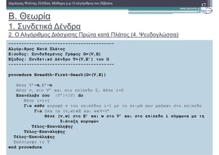 Β. Θεωρία
1. Συνδετικά ∆ένδρα
2. Ο Αλγόριθµος ∆ιάσχισης Πρώτα κατά Πλάτος (4. Ψευδογλώσσα)
17∆ηµήτρης Ψούνης, ΠΛΗ20, Μάθηµα 5.4: Ο αλγόριθµος του Dijkstra
-----------------------------------------
Αλγόριθµος Κατά Πλάτος
Είσοδος: Συνδεδεµένος Γράφος G=(V,E)
Έξοδος: Συνδετικό ∆ένδρο T=(V,E’) του G
-----------------------------------------
procedure Breadth-First-Searh(G=(V,E))
Θέσε V’=ᴓ, E’=ᴓ
Θέσε v1 στο V’ και στο επίπεδο 0. Θέσε i=0
Επανέλαβε όσο |V’|<|V| do
Θέσε i=i+1
Για κάθε κορυφή v του επιπέδου i-1 µε τη σειρά που µπήκαν στο επίπεδο
Για όλα τα (v,w)∈E και w∈V-V’
Θέσε (v,w) στο E’ και w στο V’ και στο επίπεδο i σύµφωνα µε τη
διάταξη κορυφών
Τέλος-Επανάληψης
Τέλος-Επανάληψης
Τέλος-Επανάληψης
Επέστρεψε το Τ
end procedure
 