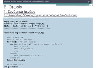 Β. Θεωρία
1. Συνδετικά ∆ένδρα
3. Ο Αλγόριθµος ∆ιάσχισης Πρώτα κατά Βάθος (4. Ψευδογλώσσα)
33∆ηµήτρης Ψούνης, ΠΛΗ20, Μάθηµα 5.4: Ο αλγόριθµος του Dijkstra
-----------------------------------------
Αλγόριθµος Κατά Βάθος
Είσοδος: Συνδεδεµένος Γράφος G=(V,E)
Έξοδος: Συνδετικό ∆ένδρο T=(V,E’) του G
-----------------------------------------
procedure Depth-First-Searh(G=(V,E))
Θέσε V’=ᴓ, E’=ᴓ
Θέσε v1 στο V’ και w=v1
Επανέλαβε όσο |V’|<|V| do
Αν (w,vk)∈E µε vk∉V’ και k το µικρότερo δυνατό
Θέσε vk στο V’
Θέσε (w,vk) στο Ε΄
w=vk
Αλλιώς
Θέσε w=πατέρας του w στο Τ
Τέλος αν
Τέλος-Επανάληψης
Επέστρεψε το Τ
end procedure
 
