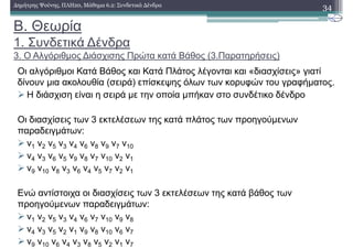 Β. Θεωρία
1. Συνδετικά ∆ένδρα
3. Ο Αλγόριθµος ∆ιάσχισης Πρώτα κατά Βάθος (3.Παρατηρήσεις)
34∆ηµήτρης Ψούνης, ΠΛΗ20, Μάθηµα 6.2: Συνδετικά ∆ένδρα
Οι αλγόριθµοι Κατά Βάθος και Κατά Πλάτος λέγονται και «διασχίσεις» γιατί
δίνουν µια ακολουθία (σειρά) επίσκεψης όλων των κορυφών του γραφήµατος.
Η διάσχιση είναι η σειρά µε την οποία µπήκαν στο συνδέτικο δένδρο
Οι διασχίσεις των 3 εκτελέσεων της κατά πλάτος των προηγούµενων
παραδειγµάτων:
v1 v2 v5 v3 v4 v6 v8 v9 v7 v10
v4 v3 v6 v5 v9 v8 v7 v10 v2 v1
v9 v10 v8 v3 v6 v4 v5 v7 v2 v1
Ενώ αντίστοιχα οι διασχίσεις των 3 εκτελέσεων της κατά βάθος των
προηγούµενων παραδειγµάτων:
v1 v2 v5 v3 v4 v6 v7 v10 v9 v8
v4 v3 v5 v2 v1 v9 v8 v10 v6 v7
v9 v10 v6 v4 v3 v8 v5 v2 v1 v7
 
