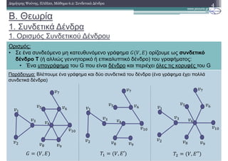 Παράδειγµα: Βλέπουµε ένα γράφηµα και δύο συνδετικά του δένδρα (ένα γράφηµα έχει πολλά
συνδετικά δένδρα)
B. Θεωρία
1. Συνδετικά ∆ένδρα
1. Ορισµός Συνδετικού ∆ένδρου
4∆ηµήτρης Ψούνης, ΠΛΗ20, Μάθηµα 6.2: Συνδετικά ∆ένδρα
Ορισµός:
• Σε ένα συνδεόµενο µη κατευθυνόµενο γράφηµα , ορίζουµε ως συνδετικό
δένδρο Τ (ή αλλιώς γεννητορικό ή επικαλυπτικό δένδρο) του γραφήµατος:
• Ένα υπογράφηµα του G που είναι δένδρο και περιέχει όλες τις κορυφές του G
, , ′ , ′′
 