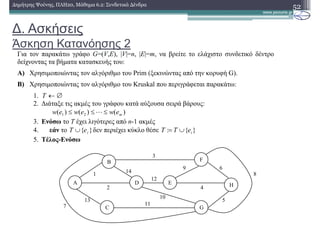 ∆. Ασκήσεις
Άσκηση Κατανόησης 2
52∆ηµήτρης Ψούνης, ΠΛΗ20, Μάθηµα 6.2: Συνδετικά ∆ένδρα
Για τον παρακάτω γράφο G=(V,E), |V|=n, |E|=m, να βρείτε το ελάχιστο συνδετικό δέντρο
δείχνοντας τα βήµατα κατασκευής του:
Α) Χρησιµοποιώντας τον αλγόριθµο του Prim (ξεκινώντας από την κορυφή G).
Β) Χρησιµοποιώντας τον αλγόριθµο του Kruskal που περιγράφεται παρακάτω:
1. ∅←T
2. ∆ιάταξε τις ακµές του γράφου κατά αύξουσα σειρά βάρους:
)()()( 21 mewewew ≤≤≤ L
3. Ενόσω το T έχει λιγότερες από n-1 ακµές
4. εάν το }{ ieT ∪ δεν περιέχει κύκλο θέσε }{: ieTT ∪=
5. Τέλος-Ενόσω
A
B
C G
F
HED
2
3
8
6
5
4
9
1 14
7 11
10
13
12
 