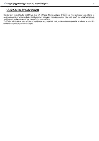 ∆ηµήτρης Ψούνης – ΠΛΗ30, ∆ιαγώνισµα 1 9
ΘΕΜΑ 6: (Μονάδες 20/20)
Εξετάστε αν το ακόλουθο πρόβληµα είναι NP-πλήρες: ∆ίδεται γράφος G=(V,E) και ένας ακέραιος k και τίθεται το
ερώτηµα για το αν υπάρχει ένα υποσύνολο των κορυφών του γραφήµατος που κάθε ακµή του γραφήµατος έχει
τουλάχιστον το ένα άκρο της σε κορυφή του υποσυνόλου.
Υπόδειξη: Θεωρείστε γνωστό ότι το πρόβληµα της εύρεσης ενός υποσυνόλου κορυφών µεγέθους k που δεν
συνδέονται µε ακµή είναι NP-πλήρες.
 