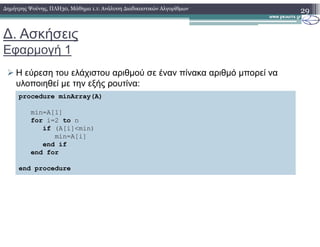 ∆. Ασκήσεις
Εφαρµογή 1
Η εύρεση του ελάχιστου αριθµού σε έναν πίνακα αριθµό µπορεί να
υλοποιηθεί µε την εξής ρουτίνα:
29∆ηµήτρης Ψούνης, ΠΛΗ30, Μάθηµα 1.1: Ανάλυση ∆ιαδικαστικών Αλγορίθµων
procedure minArray(A)
min=A[1]
for i=2 to nfor i=2 to n
if (A[i]<min)
min=A[i]
end if
end for
end procedure
 