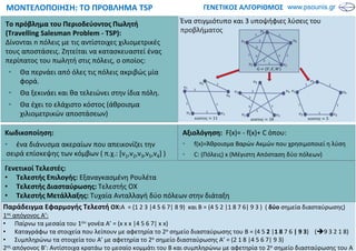 ΓΕΝΕΤΙΚΟΣ ΑΛΓΟΡΙΘΜΟΣΜΟΝΤΕΛΟΠΟΙΗΣΗ: ΤΟ ΠΡΟΒΛΗΜΑ TSP
Το πρόβλημα του Περιοδεύοντος Πωλητή
(Travelling Salesman Problem - TSP):
Δίνονται n πόλεις με τις αντίστοιχες χιλιομετρικές
τους αποστάσεις. Ζητείται να κατασκευαστεί ένας
περίπατος του πωλητή στις πόλεις, ο οποίος:
• Θα περνάει από όλες τις πόλεις ακριβώς μία
φορά.
• Θα ξεκινάει και θα τελειώνει στην ίδια πόλη.
• Θα έχει το ελάχιστο κόστος (άθροισμα
χιλιομετρικών αποστάσεων)
Ένα στιγμιότυπο και 3 υποψήφιες λύσεις του
προβλήματος
Κωδικοποίηση:
• ένα διάνυσμα ακεραίων που απεικονίζει την
σειρά επίσκεψης των κόμβων ( π.χ.: [v1,v2,v3,v5,v4] )
Γενετικοί Τελεστές:
• Τελεστής Επιλογής: Εξαναγκασμένη Ρουλέτα
• Τελεστής Διασταύρωσης: Τελεστής OX
• Τελεστής Μετάλλαξης: Τυχαία Ανταλλαγή δύο πόλεων στην διάταξη
Παράδειγμα Εφαρμογής Τελεστή ΟΧ:Α = (1 2 3 |4 5 6 7| 8 9) και Β = (4 5 2 |1 8 7 6| 9 3 ) ( δύο σημεία διασταύρωσης)
1ος απόγονος Α’:
• Παίρνω τα μεσαία του 1ου γονέα Α’ = (x x x |4 5 6 7| x x)
• Καταγράφω τα στοιχεία που λείπουν με αφετηρία το 2ο σημείο διασταύρωσης του Β = (4 5 2 |1 8 7 6 | 9 3) ( 9 3 2 1 8)
• Συμπληρώνω τα στοιχεία του Α’ με αφετηρία το 2ο σημείο διασταύρωσης Α’ = (2 1 8 |4 5 6 7| 9 3)
2ος απόγονος Β’: Αντίστοιχα κρατάω το μεσαίο κομμάτι του Β και συμπληρώνω με αφετηρία το 2ο σημείο διασταύρωσης του Α
Αξιολόγηση: F(x)= - f(x)+ C όπου:
• f(x)=Άθροισμα Βαρών Ακμών που χρησιμοποιεί η λύση
• C: (Πόλεις) x (Μέγιστη Απόσταση δύο πόλεων)
 