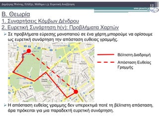 Β. Θεωρία
1. Συναρτήσεις Κόµβων ∆ένδρου
2. Ευρετική Συνάρτηση h(v): Προβλήµατα Χαρτών
Σε προβλήµατα εύρεσης µονοπατιού σε ένα χάρτη,µπορούµε να ορίσουµε
ως ευρετική συνάρτηση την απόσταση ευθειας γραµµής.
12∆ηµήτρης Ψούνης, ΠΛΗ31, Μάθηµα 1.3: Ευρετική Αναζήτηση
Βέλτιστη ∆ιαδροµή
Απόσταση Ευθείας
Η απόσταση ευθείας γραµµης δεν υπερεκτιµά ποτέ τη βέλτιστη απόσταση,
άρα πρόκειται για µια παραδεκτή ευρετική συνάρτηση.
Απόσταση Ευθείας
Γραµµής
 