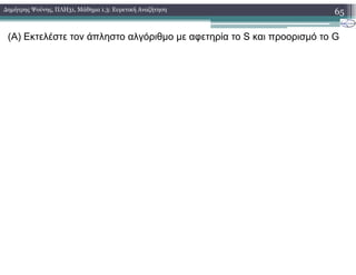 65∆ηµήτρης Ψούνης, ΠΛΗ31, Μάθηµα 1.3: Ευρετική Αναζήτηση
(Α) Εκτελέστε τον άπληστο αλγόριθµο µε αφετηρία το S και προορισµό το G
 