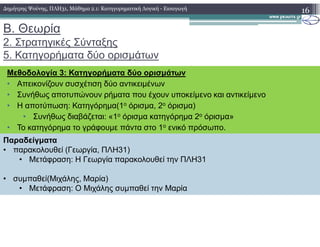 Β. Θεωρία
2. Στρατηγικές Σύνταξης
5. Κατηγορήµατα δύο ορισµάτων
16
Σε µία πρόταση που δεν έχει παρενθετοποιήση ορίζεται ότι:
Μεθοδολογία 3: Κατηγορήµατα δύο ορισµάτων
• Απεικονίζουν συσχέτιση δύο αντικειµένων
• Συνήθως αποτυπώνουν ρήµατα που έχουν υποκείµενο και αντικείµενο
• Η αποτύπωση: Κατηγόρηµα(1ο όρισµα, 2ο όρισµα)
• Συνήθως διαβάζεται: «1ο όρισµα κατηγόρηµα 2ο όρισµα»
• Το κατηγόρηµα το γράφουµε πάντα στο 1ο ενικό πρόσωπο.
∆ηµήτρης Ψούνης, ΠΛΗ31, Μάθηµα 2.1: Κατηγορηµατική Λογική - Εισαγωγή
• Το κατηγόρηµα το γράφουµε πάντα στο 1ο ενικό πρόσωπο.
Παραδείγµατα
• παρακολουθεί (Γεωργία, ΠΛΗ31)
• Μετάφραση: Η Γεωργία παρακολουθεί την ΠΛΗ31
• συµπαθεί(Μιχάλης, Μαρία)
• Μετάφραση: Ο Μιχάλης συµπαθεί την Μαρία
 