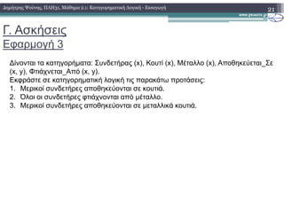 Γ. Ασκήσεις
Εφαρµογή 3
21
∆ίνονται τα κατηγορήµατα: Συνδετήρας (x), Κουτί (x), Μέταλλο (x), Αποθηκεύεται_Σε
(x, y), Φτιάχνεται_Από (x, y).
Εκφράστε σε κατηγορηµατική λογική τις παρακάτω προτάσεις:
1. Μερικοί συνδετήρες αποθηκεύονται σε κουτιά.
2. Όλοι οι συνδετήρες φτιάχνονται από µέταλλο.
3. Μερικοί συνδετήρες αποθηκεύονται σε µεταλλικά κουτιά.
∆ηµήτρης Ψούνης, ΠΛΗ31, Μάθηµα 2.1: Κατηγορηµατική Λογική - Εισαγωγή
 