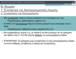 Β. Θεωρία
1. Συντακτικό της Κατηγορηµατικής Λογικής
2. Συναρτήσεις και Κατηγορήµατα
6
Μία συνάρτηση παίρνει κάποια ορίσµατα και επιστρέφει µία τιµή.
Παραδείγµατα: fatherof(tom), abs(x) κ.λπ.
Αντίθετα ένα κατηγόρηµα δέχεται κάποια ορίσµατα και επιστρέφει true ή
false
Παραδείγµατα: father(tom,bob), greater(4,5) κ.λπ.
∆ηµήτρης Ψούνης, ΠΛΗ31, Μάθηµα 2.1: Κατηγορηµατική Λογική - Εισαγωγή
Θα συµβολίζουµε συχνά π.χ. µε father/2 και θα εννοουµε ότι τα ορίσµατα
του father είναι 2. To 2 θα λέγεται βαθµός του κατηγορήµατος father
ΣΥΝΤΑΚΤΙΚΟ: Το ορίσµατα µιας συνάρτησης ή ενός κατηγορήµατος µπορεί
να είναι σταθερές, µεταβλητές ή ακόµη και συναρτήσεις.
Παραδείγµατα: father(tom,bob), greater(4,5) κ.λπ.
 